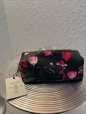 Ted Baker NWT Black Floral Makeup Bag with Pink Roses